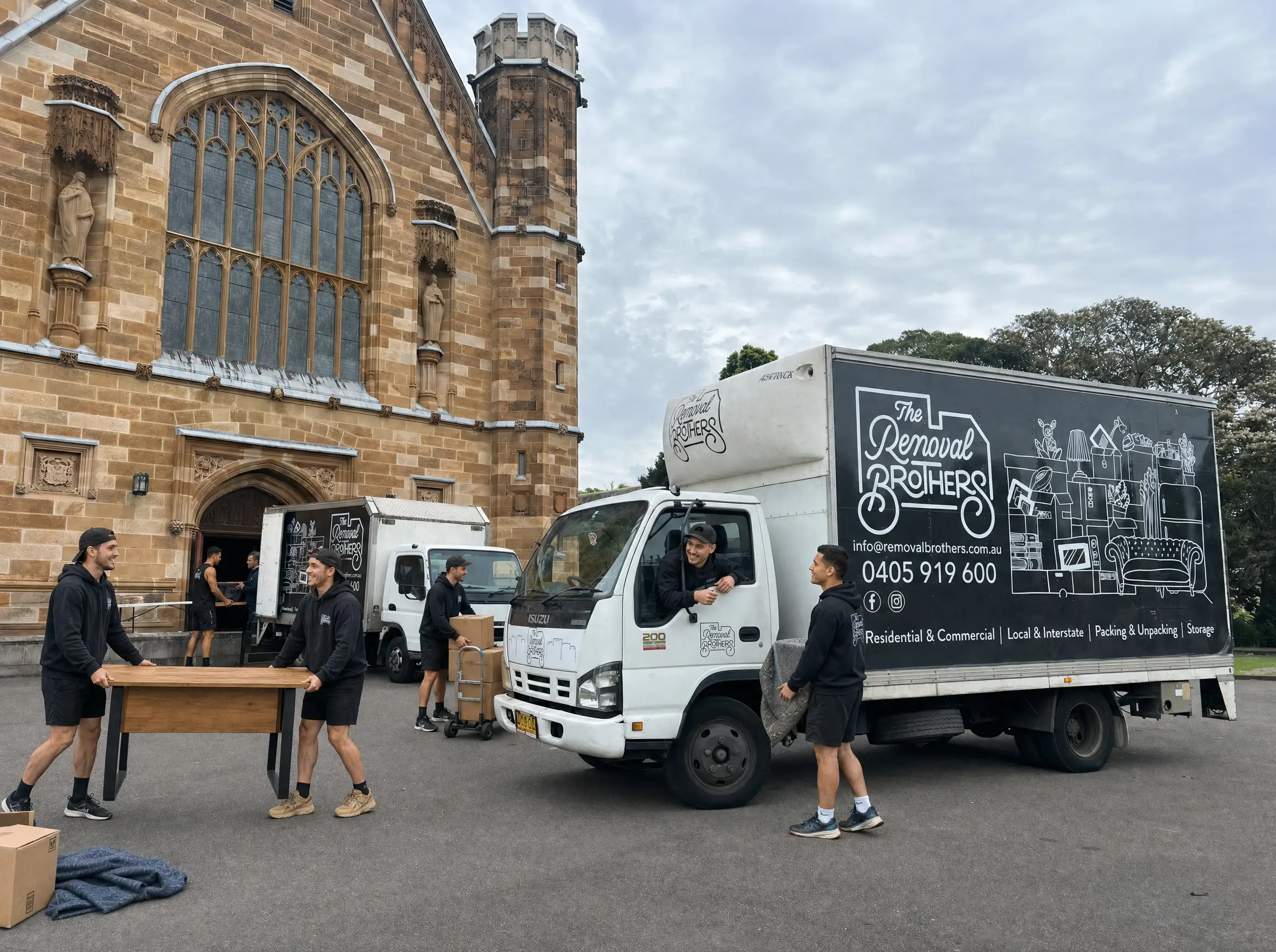 A Removal Brothers crew carrying a table and boxes to two branded trucks outside a sandstone building