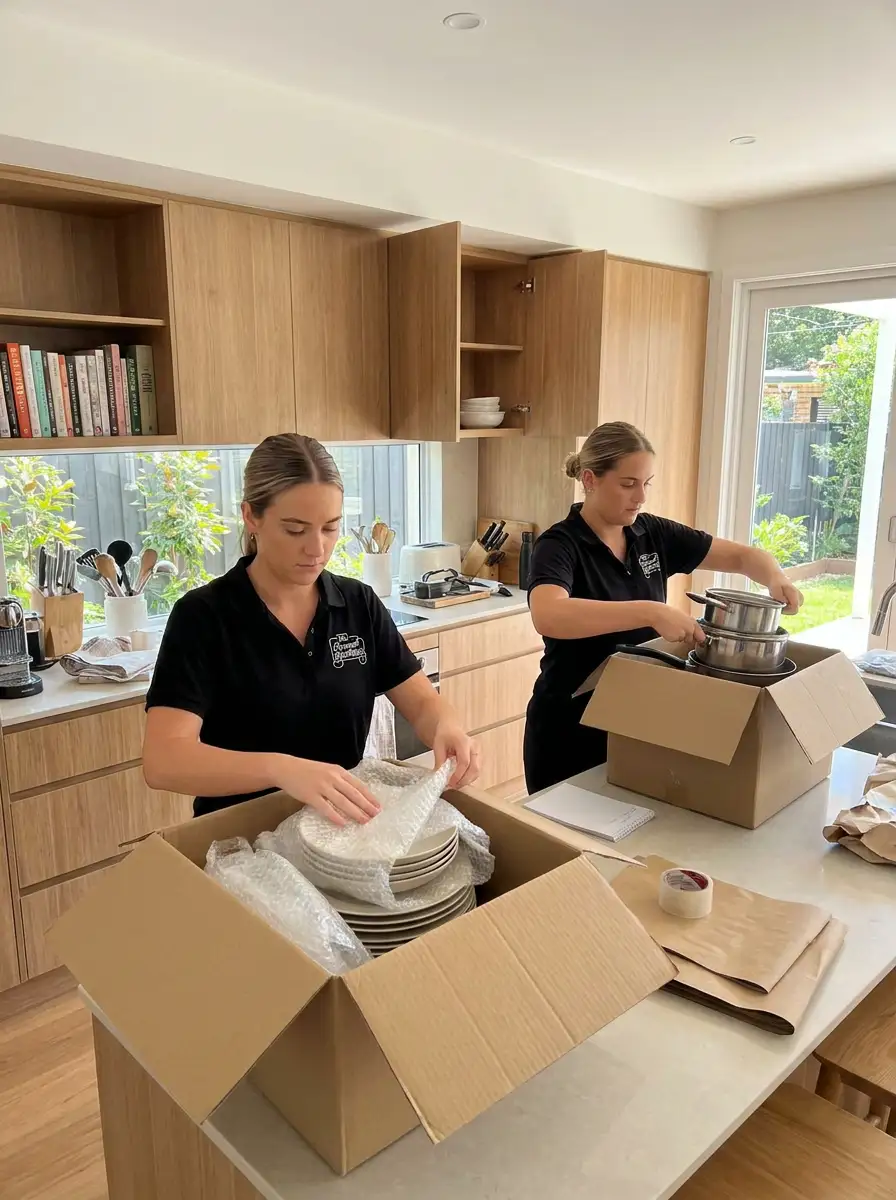 Two Removal Brothers packers wrapping crockery into cartons in a kitchen