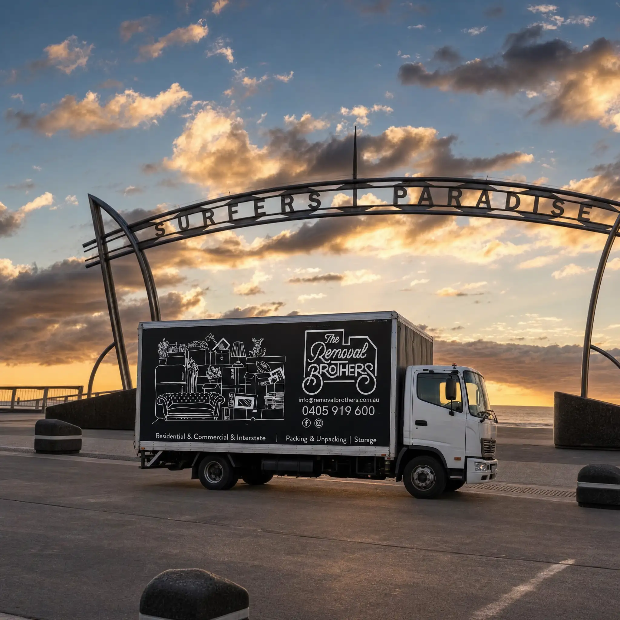 A branded Removal Brothers truck under the Surfers Paradise arch at sunrise